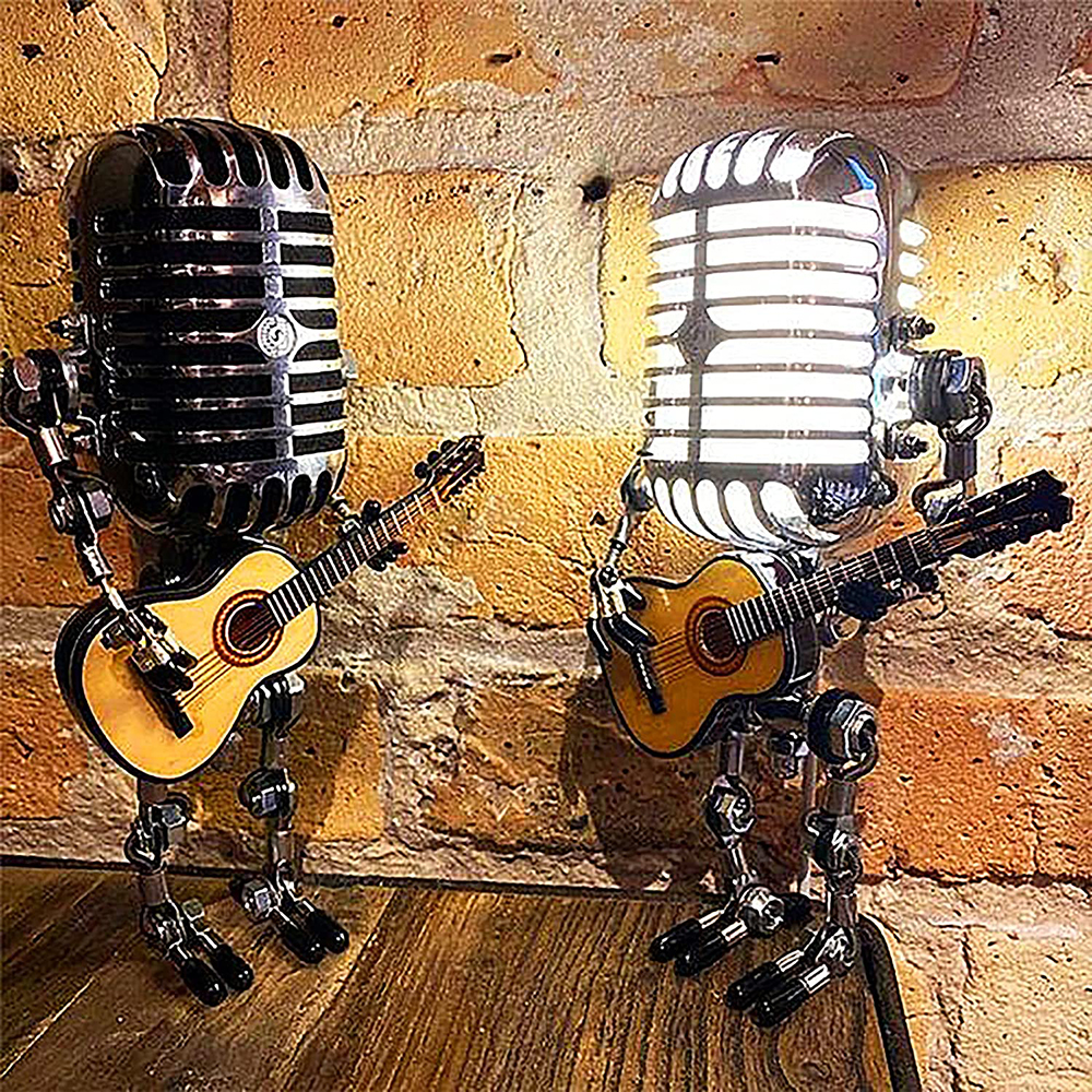 Steampunk Vintage Microphone Robot Lamp - Guitar Desk Light, Artistic Gift for Music Lovers